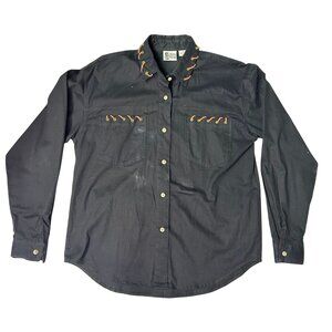 Jeans Wear leather rope trimmed button up shirt long sleeve black vintage M